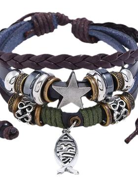 牛皮手工编织手链小鱼儿十字架