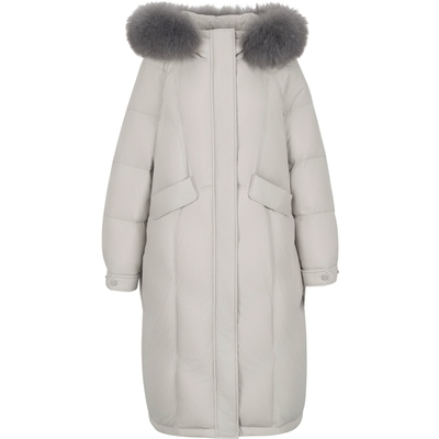 衣香丽影灰色大毛领羽绒服中长款