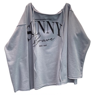 韩国东大门美式复古一字领露肩设计感蓝色薄款卫衣女慵懒风上衣