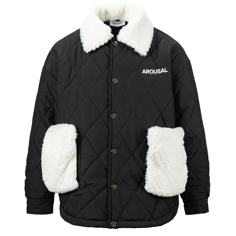 AROUSAL菱形格棉服女秋冬宽松休闲加厚外套拼接可拆卸羊羔毛棉袄