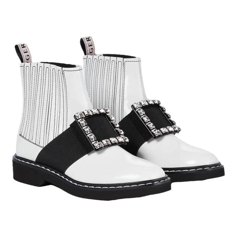 Roger Vivier/罗杰·维维亚女士白色牛皮水晶搭扣橡胶鞋底踝靴