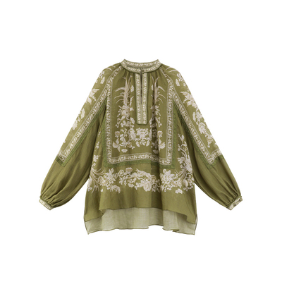 MANNALA丨“春游衫”重磅重工度假风苎麻印花拼接蕾丝衬衫 Q2479