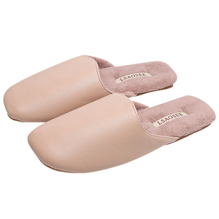 秋冬季奶油风设计感简约皮棉拖鞋女防水保暖情侣家用防滑牛筋底男