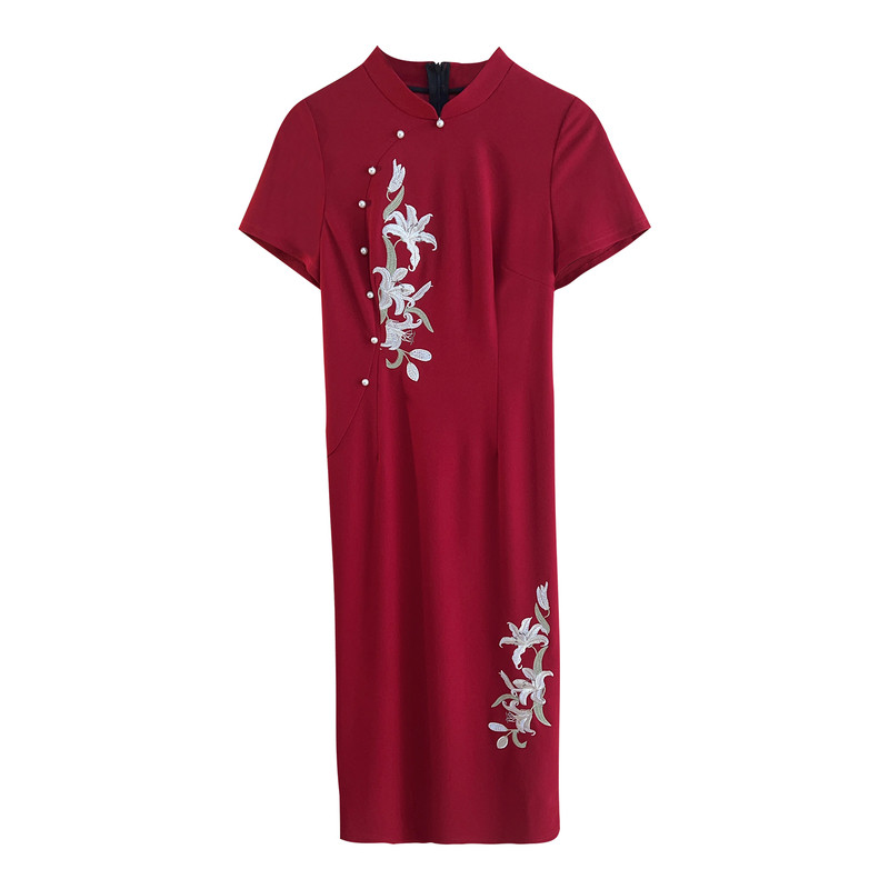 红百合【自制款】新中式红色旗袍大码胖mm订婚敬酒服长连衣裙刺绣