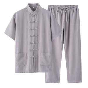 夏季亚麻唐装男中式复古短袖套装中国风宽松休闲两件套禅修茶艺服