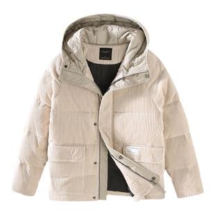 灯芯绒短款连帽羽绒服男冬季加厚保暖白鸭绒面包服外套带帽上衣潮