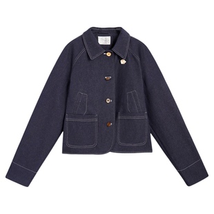 紫涵短款牛仔蓝色衬衫外套女士秋季新款日系复古格纹袖口纽扣上衣