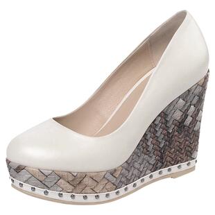 北西迪米白色厚底单鞋女浅口百搭超高跟真皮一脚蹬小个子坡跟女鞋