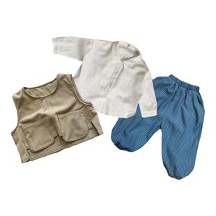 儿童韩版复古马甲套装2026春季新款男童牛仔灯笼裤男宝宝白色衬衫