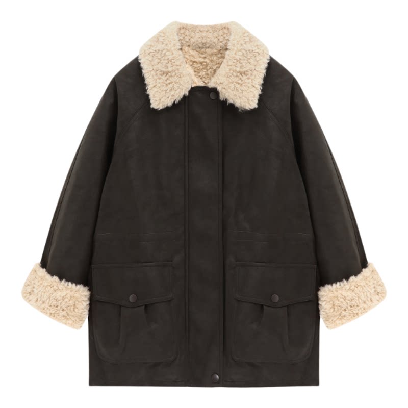 Basic House/百家好翻领毛毛领pu皮加厚短外套女冬深咖色保暖上衣