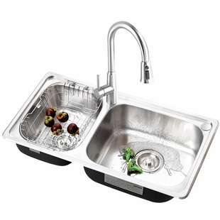 墨林水槽大双槽加厚水盆厨房304不锈钢家用洗菜盆洗碗槽左小右大