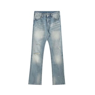 no E mosen（noE)银线冰蓝水洗低腰做旧微喇修身直筒破坏牛仔裤