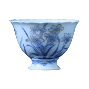 景德镇陶瓷手绘青花釉下描金水仙葵口杯主人杯单杯岩茶杯高端茶器