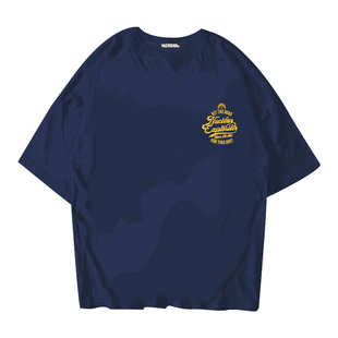 核爆炸潮牌深蓝色复古花体字250克宽松大码夏季全棉短袖印花T恤男