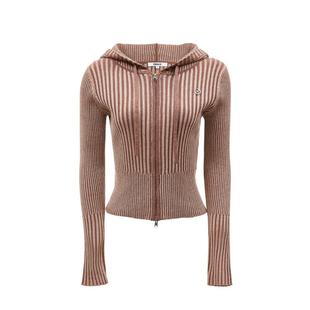 绫致ONLY2025秋冬新款通勤做旧双头拉链连帽条纹针织衫女