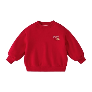 女童红色秋冬加厚亲子装一家三口保暖上衣男童冬款小宝宝加绒卫衣