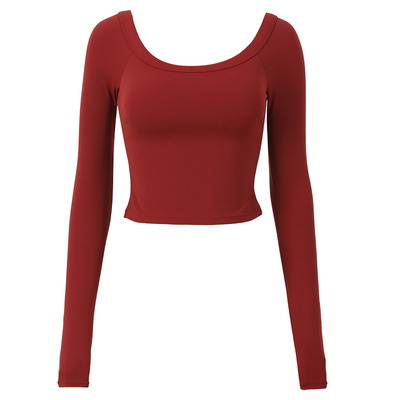 露肩瑜伽服女带胸垫长袖健身上衣