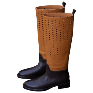 Le' Murmure 光迹巡游_油蜡马皮激光镂空马靴 羚羊皮色高筒骑士靴