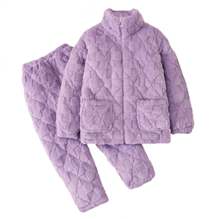 新款睡衣女时尚提花绒外穿冬季三层加厚夹棉法兰绒棉袄保暖家居服