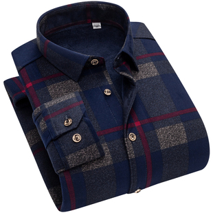 秋冬季加绒加厚商务男士保暖衬衫长袖韩版修身格子衬衣潮流寸衫