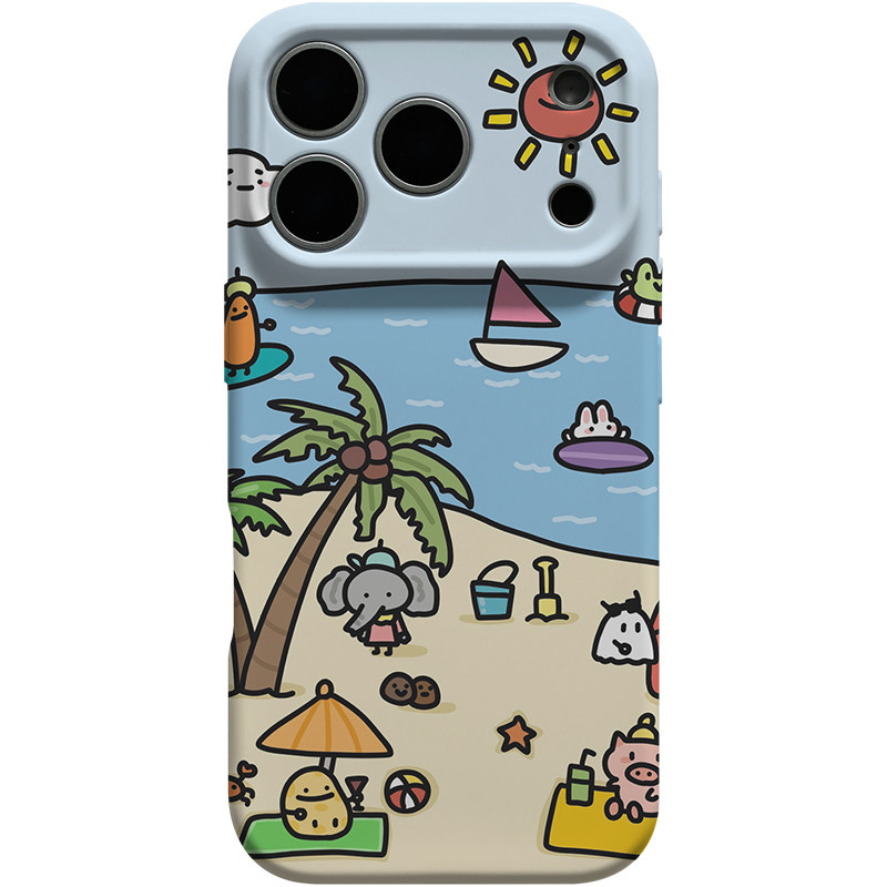 夏日ins度假沙滩与小动物适用iphone17promax手机壳原创冲浪插画16pro椰树大象兔子苹果15全包14软壳1
