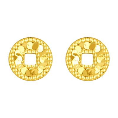 周大生黄金耳钉女足金爆闪碎碎冰铜钱耳饰钱币耳环生送女友生日礼