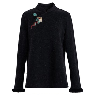 MNGATA G.宫小妍【祥云彩马】立体绣花斜门襟拼接水貂毛上衣