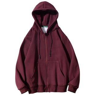 460g重磅银狐绒酒红色连帽开衫卫衣男女春季新款秋冬加绒拉链外套