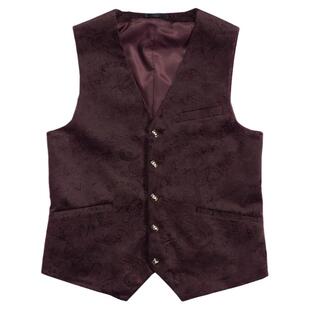 川泽定制秋冬腰果花金丝绒西装马甲韩版时尚酒红色英伦修身马夹男