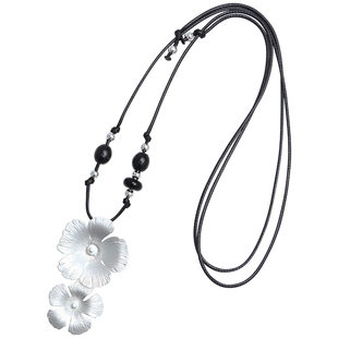 方糖家 银色繁花拉丝复古黑色编绳长项链小众设计高级感毛衣链女