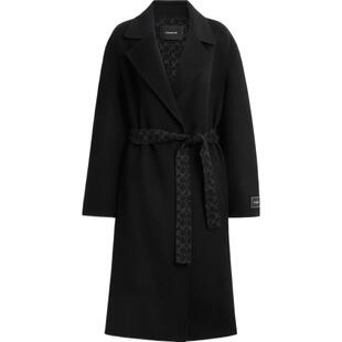 COACH/蔻驰奥莱女士黑色老花腰带羊毛长款大衣宽松简约高级