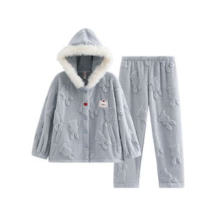 芬腾女士珊瑚绒睡衣秋冬季加绒加厚连帽套装女款法兰绒可爱家居服