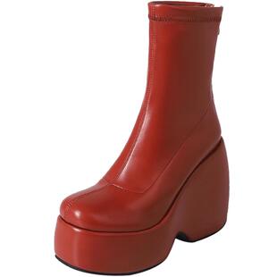 小个子超高跟弹力靴女短靴秋冬新款红色时尚厚底坡跟瘦瘦靴潮