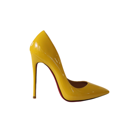 红底黄色漆皮尖头高跟鞋大码法式