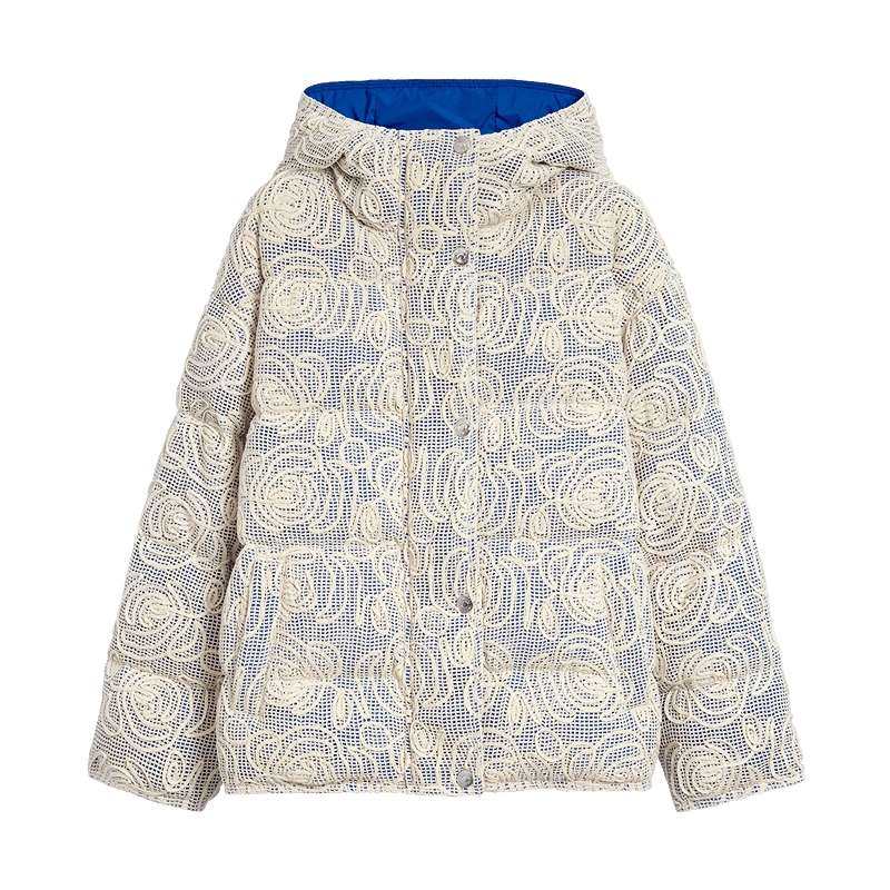 Desigual26新品撞色花卉肌理网格连帽长袖女士羽绒服
