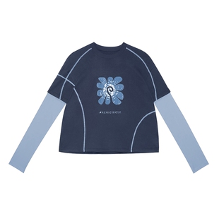 棉麻混纺 半圆女装[运动]2026春宽松休闲假两件植绒印花T恤女上衣