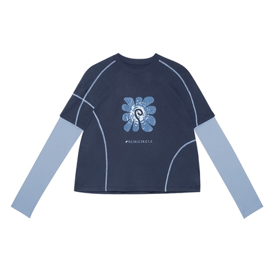 棉麻混纺 半圆女装[运动]2026春宽松休闲假两件植绒印花T恤女上衣