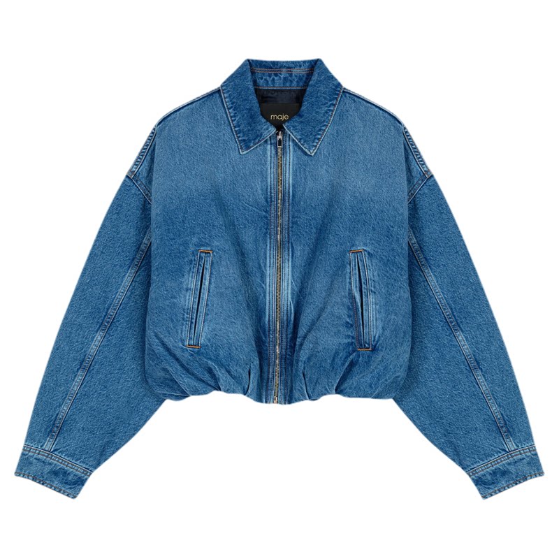 Maje法式下摆抽褶收紧牛仔棉服
