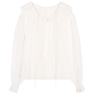今屿花花 白色衬衫女2025新款长袖法式小个子泡泡袖上衣刺绣镂空