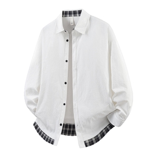 VIISHOW衬衫男士长袖秋潮牌格子翻领衬衣假两件宽松拼接休闲外套