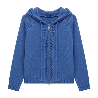 Basic House/百家好连帽双拉链毛衣冬季洋气蓝色宽松毛衫开衫外套