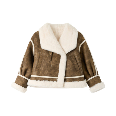 OPCP儿童仿皮草外套秋冬新款女童PU皮仿皮毛一体机车服男童皮夹克