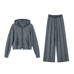 YANGLE_冬季套装女2025新款韩系条纹婴驼绒羊毛连帽开衫拖地长裤