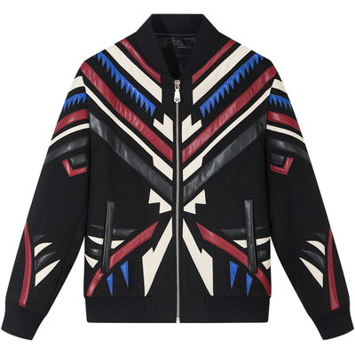 ZOUK条纹真皮拼接皮衣外套男2025新款潮牌夹克棒球服男款毛呢大衣