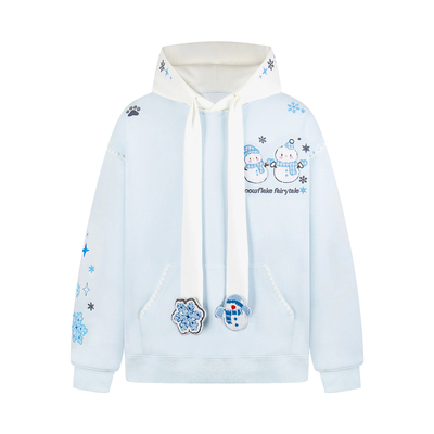 BKID 原创雪人蝴蝶结帽绳卫衣刺绣连帽女情侣宽松雪花外套