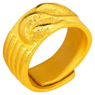新中式镀黄金色波浪纹戒指男款时尚大气开口调节指环台湾戒饰品