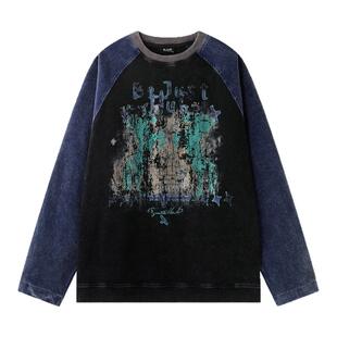BJHG不计后果 美式复古斑驳印花长袖T恤男款早春撞色插肩袖卫衣女