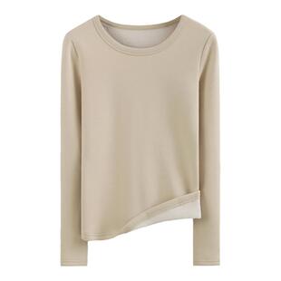 秋冬圆领纯白修身加绒加厚长袖体恤女内搭上衣纯色保暖打底衫基础