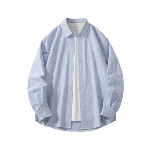 名创优品牛津纺长袖衬衫男士春季浅蓝白色条纹内搭翻领短袖外套Y