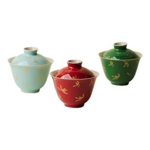 里作中国红错金银彩兰花盖碗精致高端手工薄胎泡茶碗创意功夫茶具